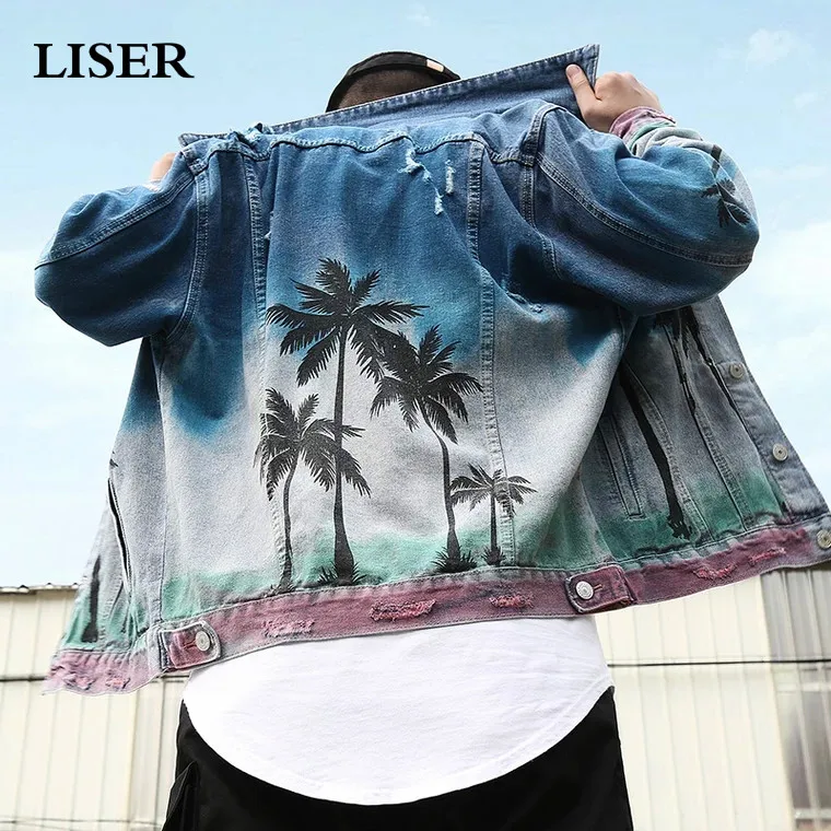 

LISER Denim Jacket Men's Hip Hop Jacket Graffiti Print Jeans Jacket Men Streetwear Harajuku Mens Jackets and Coats