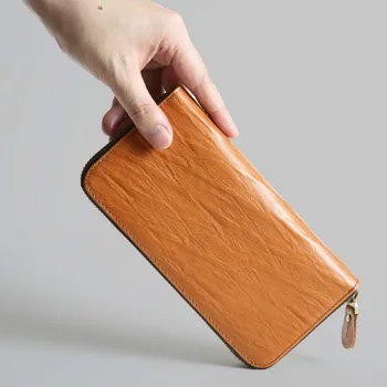 

2018 Luxury Mens Long Handmade Real Cow Genuine Leather Wallets Men Wallet Clutch Vintage Slim Purse Coin Card Phone Holder Bag