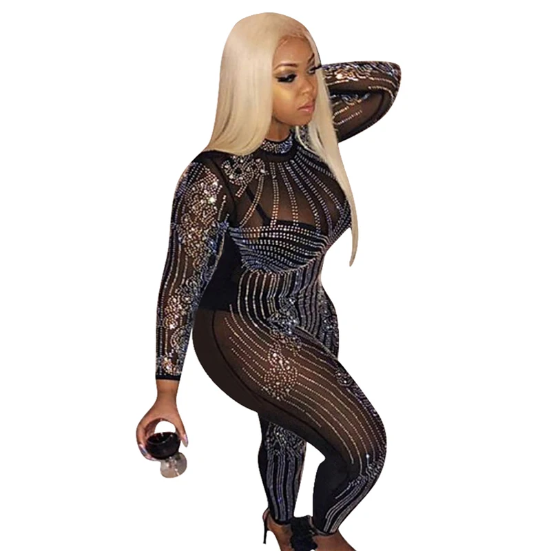 Black Rhinestone Sparkly Jumpsuit Women Turtleneck Long Sleeve Mesh Romper Sexy Sheer Birthday Nightclub Bodycon Party Overalls