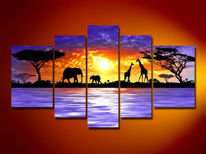 hand painted oil wall art Giraffe savanna elephants decoration
