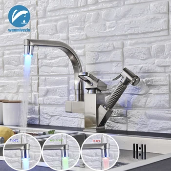 

LED Light Dual Spout Pull Out Kitchen Faucets Deck Mounted Rotation Shower Sprayer Kitchen Taps with Hot and Cold Water Pipes