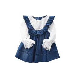 WLG/весенние платья принцессы для девочек, детское лоскутное кружевное голубое джинсовое платье, милая одежда для детей 3-7 лет