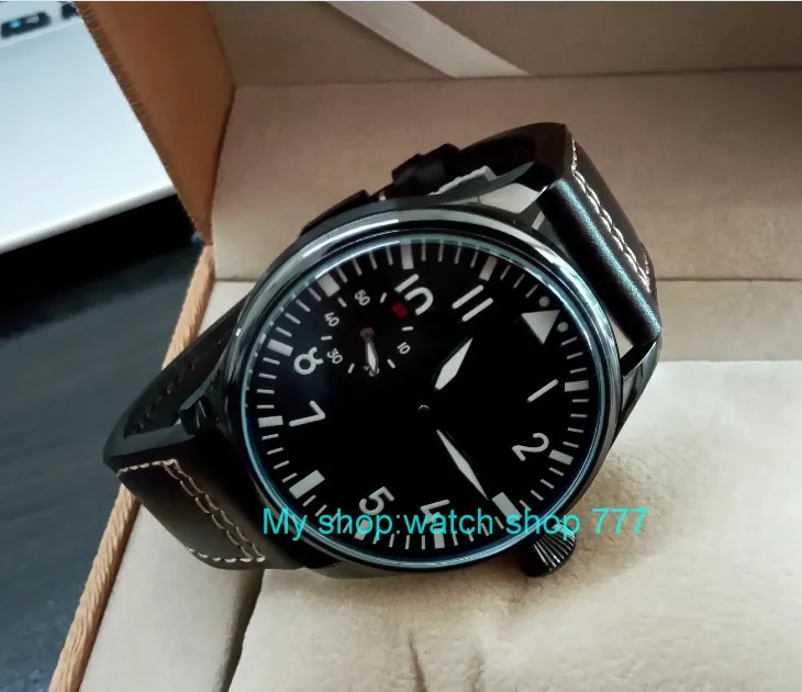 44 مللي متر PARNIS الأسود الهاتفي 17 جواهر الآسيوية 6497/3600 الميكانيكية اليد الرياح حركة ساعة رجالي PVD حالة الميكانيكية ووتش PA28-P8