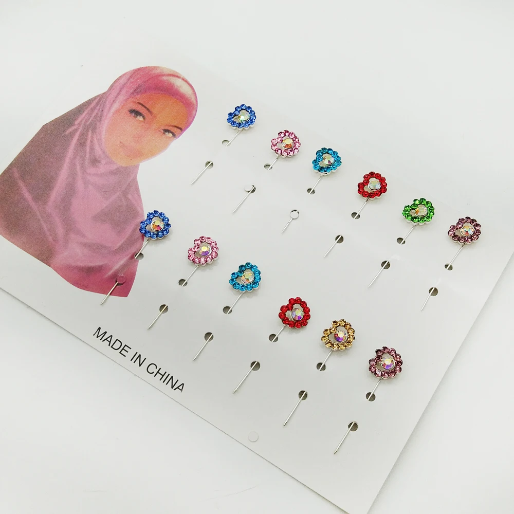 Muslim Hijab Pins Brooches 12PCS Beautiful Flower Crystal Rhinestone