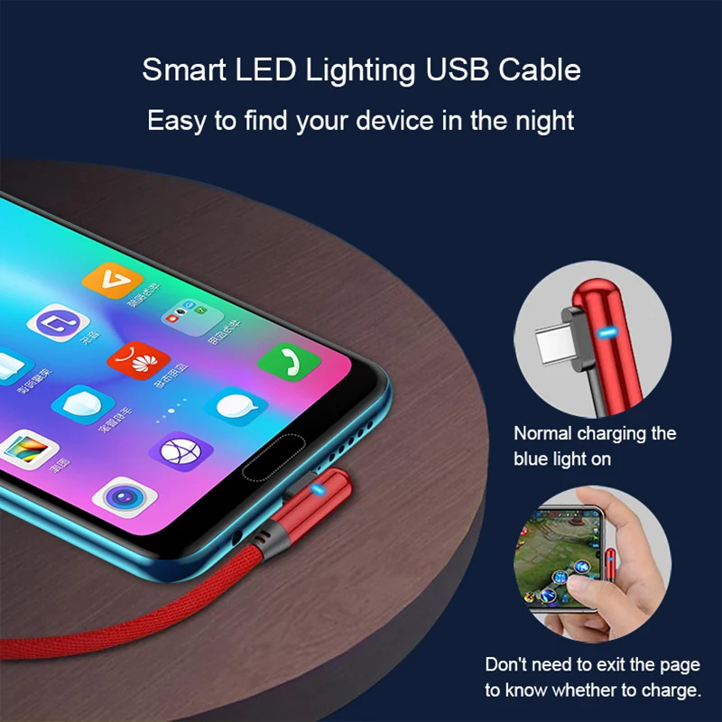 Hadinas светодиодный 90 градусов Тип usb C нейлон Быстрая зарядка USB кабель для Xiaomi Redmi