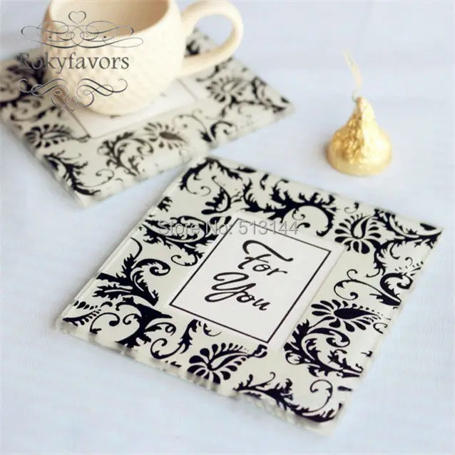 30pcs=15sets! Black Damask Photo Glass Coaster Party Favors Bridal