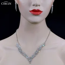 

CHRAN Sparkling Rhinestone Simple Silver Color Bridal Wedding Jewelry Sets for Women Crystal Party Jewelry Necklace Earrings Set