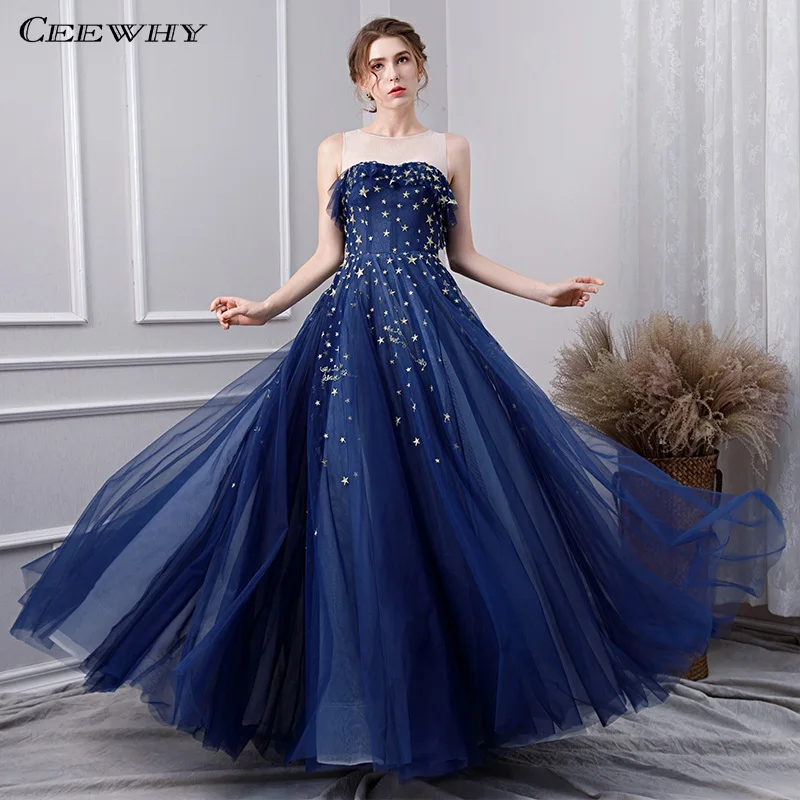 

CEEWHY Blue Embroidery Ruffles Evening Dress Plus Size Evening Gowns for Women Vestidos Elegantes de Fiesta Abendkleider 2019