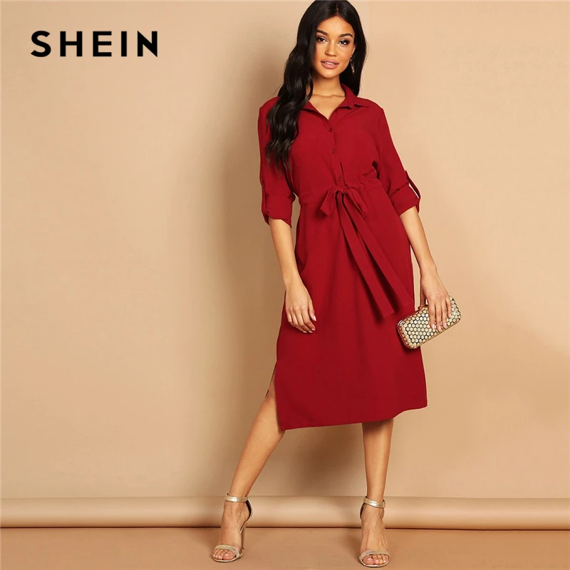 

SHEIN Burgundy V Neck Roll Tab SleeveThree Quarter Length Sleeve Drawstring Waist Shirt Dress Women Highstreet Autumn Dress