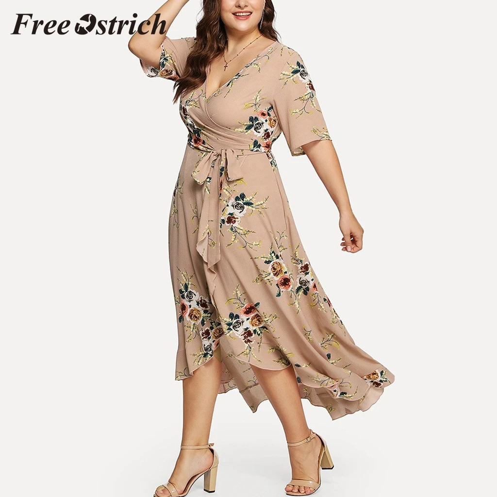 

Free Ostrich 2019 Plus Size Women Casual Short Sleeve V-neck Boho Flower Bohemian Party Maxi Dress Big Size For Women Hot Sales