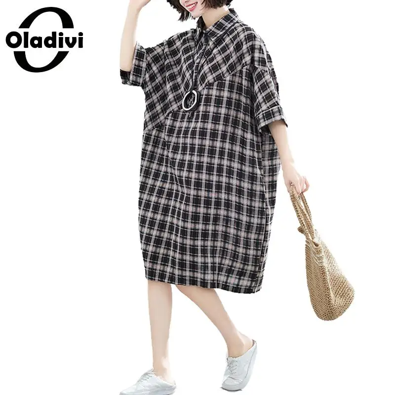 

Oladivi Plus Size Women Clothing Fashion Plaid Summer Style Casual Dress Ladies Short Sleeve Loose Shirt Dresses Female Vestidos