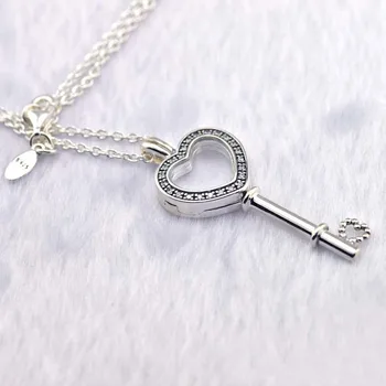 

925 Sterling Silver Jewelry Original Floating Locket Heart Key Necklace with Clear CZ Fashion Jewelry Trendy Necklace for Women