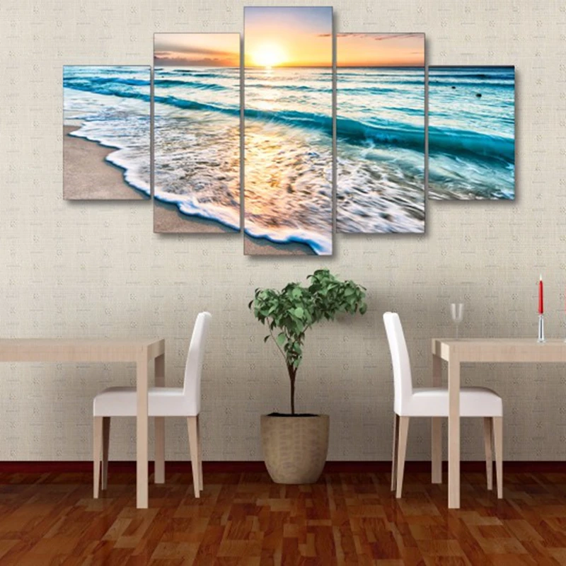 Canvas Painting Wall Art Frame Home Decor Pictures 5 Pieces Seascape Sunset Beach Sea Wave Poster Living Room HD Printed 