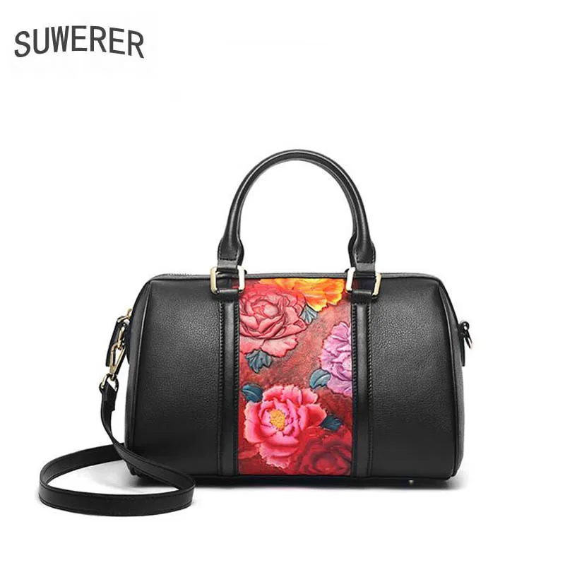 

SUWERER 2019 New Women Genuine Leather bags luxury handbags women bag designer Cowhide Embossed bag women leatherBoston bag