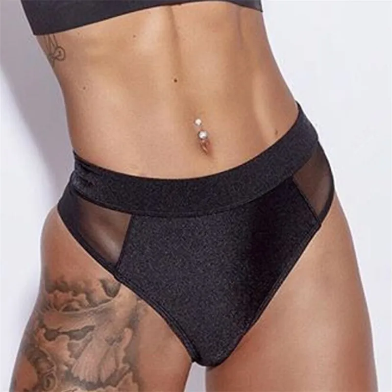 

Summer Swimwear Women Bikini Panties Black Mesh Patch Briefs Swimsuit Beachwear High Waisted Bathing Bottoms
