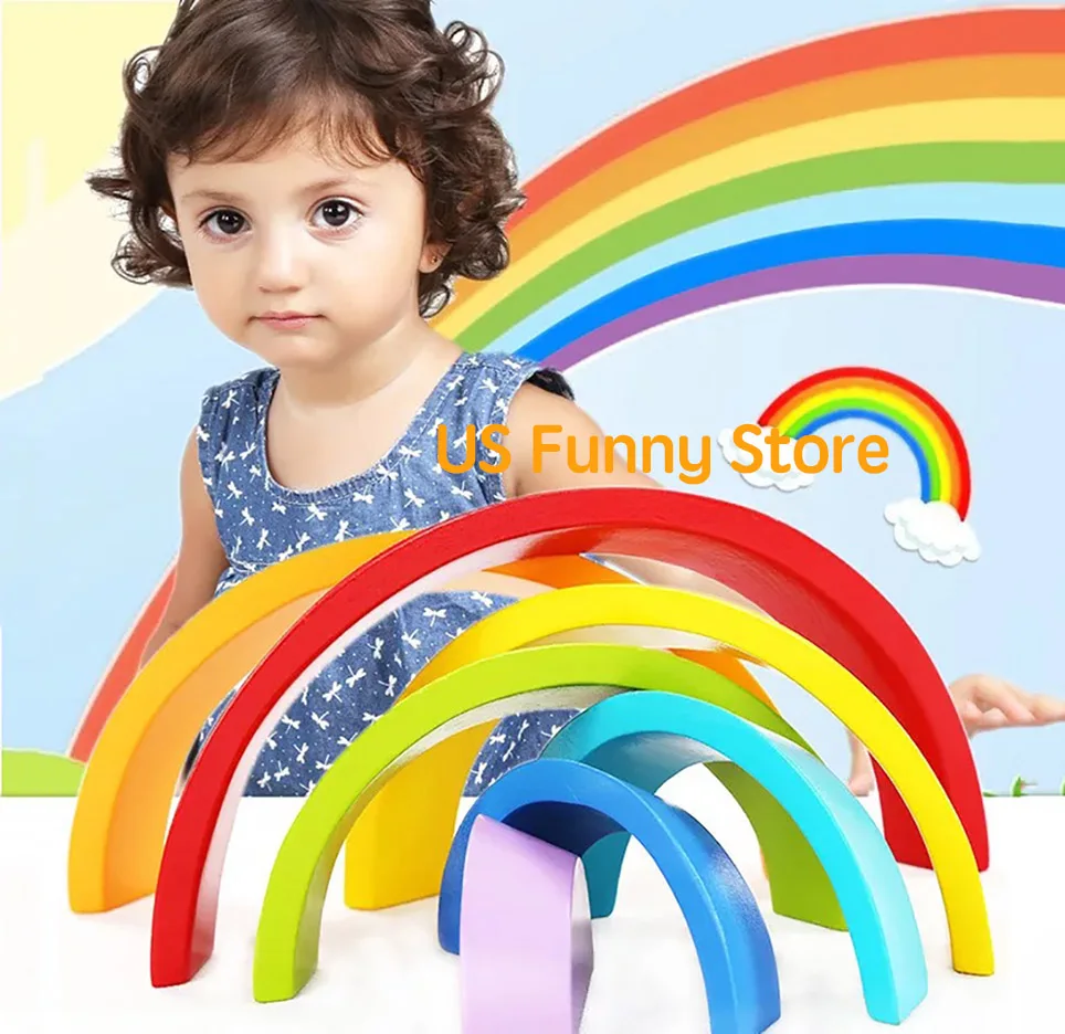 Cute Colorful Wooden Rainbow Blocks Kids Toys Educational Assembly
