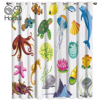

Cartoon Marine Life Animal Window Curtains Dark Drapes Decor Kids Window Treatment Sets Sheer Curtains Girls Bed