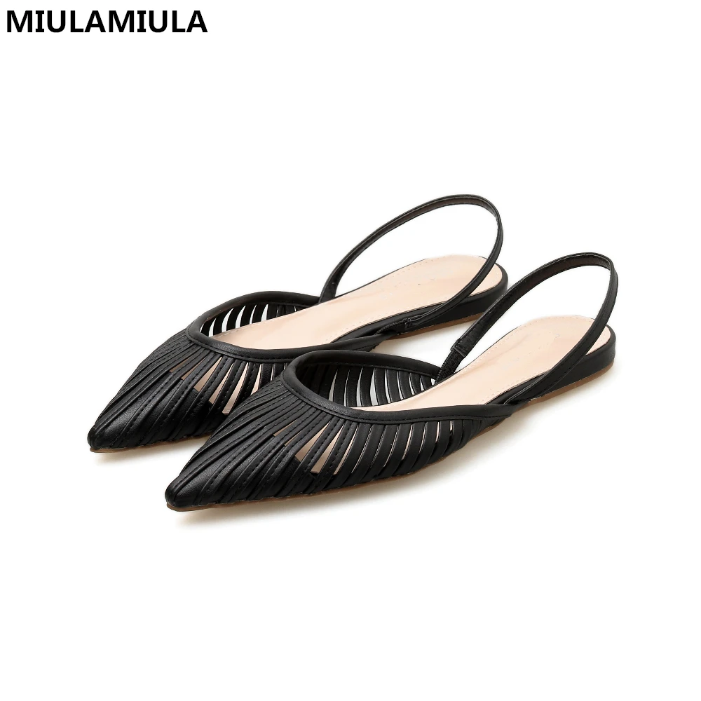 

MIULAMIULA Brand Designers 2019 Summer Folk Custom Narrow Band Back Elastic Strap Woman Pointed Flat Sandals Lady Shoes Leather