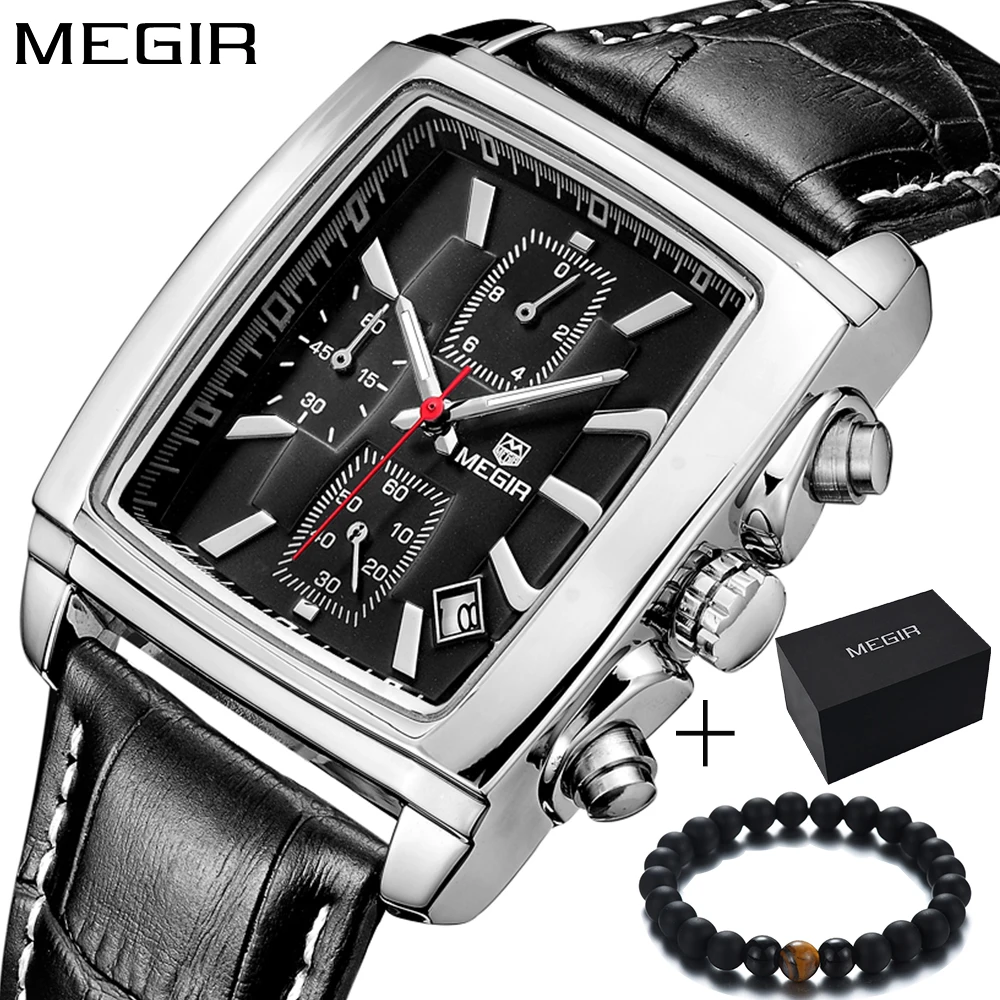 

Megir top luxury brand Genuine leather rectangle stopwatch Quartz-watch sport car-styling mens watches waterproof Wristwatch