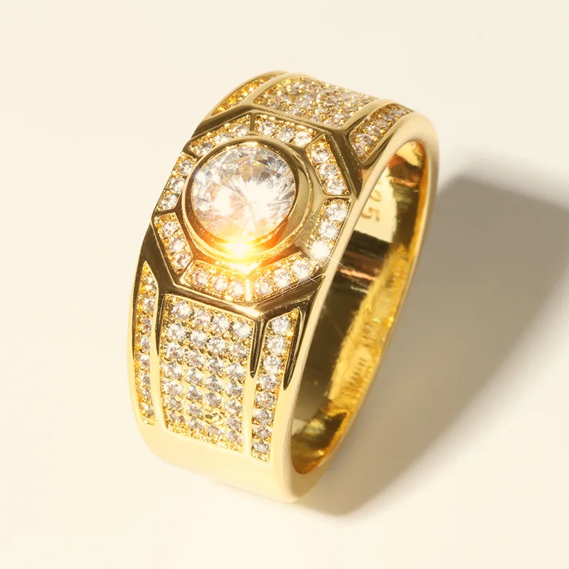 Fashion Gold Color and S925 Sterling Stamp Classic Men's Punk Style Hip Hop Ring Band Cool Gold Crystal AAA CZ Ring Jewelry