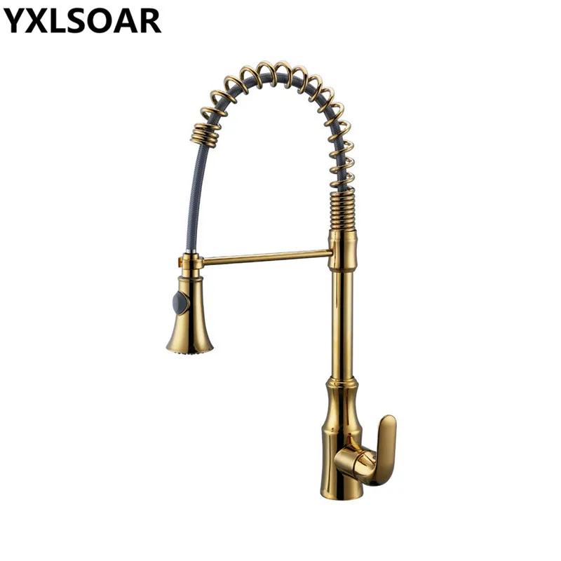 Kitchen Sink Faucets Brass Pull Out/Down Golden Sink Mixer Tap With Spring Hose Single Handle Hot & Cold Kitchen Crane Faucet Kitchen Sink Faucets Brass Pull Out/Down Golden Sink Mixer Tap With Spring Hose Single Handle Hot & Cold Kitchen Crane Faucet