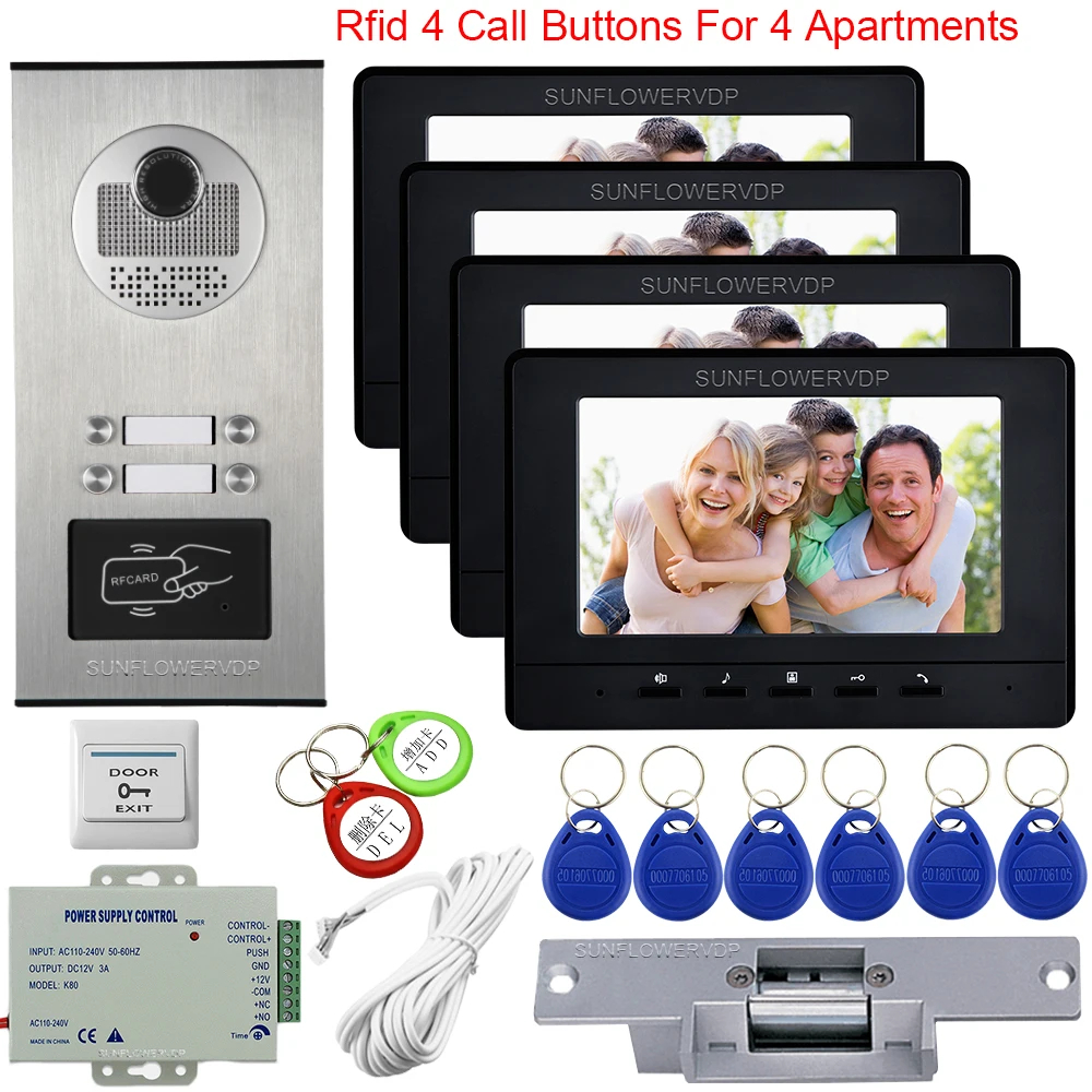 4 Apartments 7inch Video Intercom for a Private House Video Intercom Panel Access Control Door Phone With Electric Strike Lock