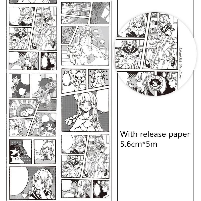 

56mm*5m Black White Cartoon Girls'Daily Life decoration washi Tape DIY Diary scrapbooking masking tape With release paper