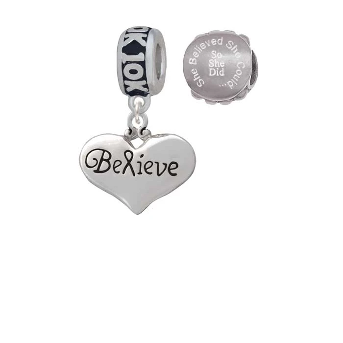 Silvertone Large Believe with Ribbon Heart 10K Run She Believed She Could Charm Beads (Set of 2)