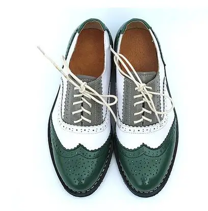 Женские классические ботинки из натуральной кожи на шнуровке с круглым носом в ассортименте 20 цветов - Цвет: Green  white  gray
