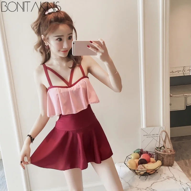 Bonitakinis Small Chest Young Lady Sweet One Piece Swimsuit Ruffled Swimwear Women School Lolita