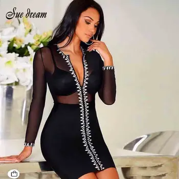

Bandage Women's Winter V Squat Transparent Wrist Black Sheath Long Sleeve Club Bandage Party Dress Bandage Dress