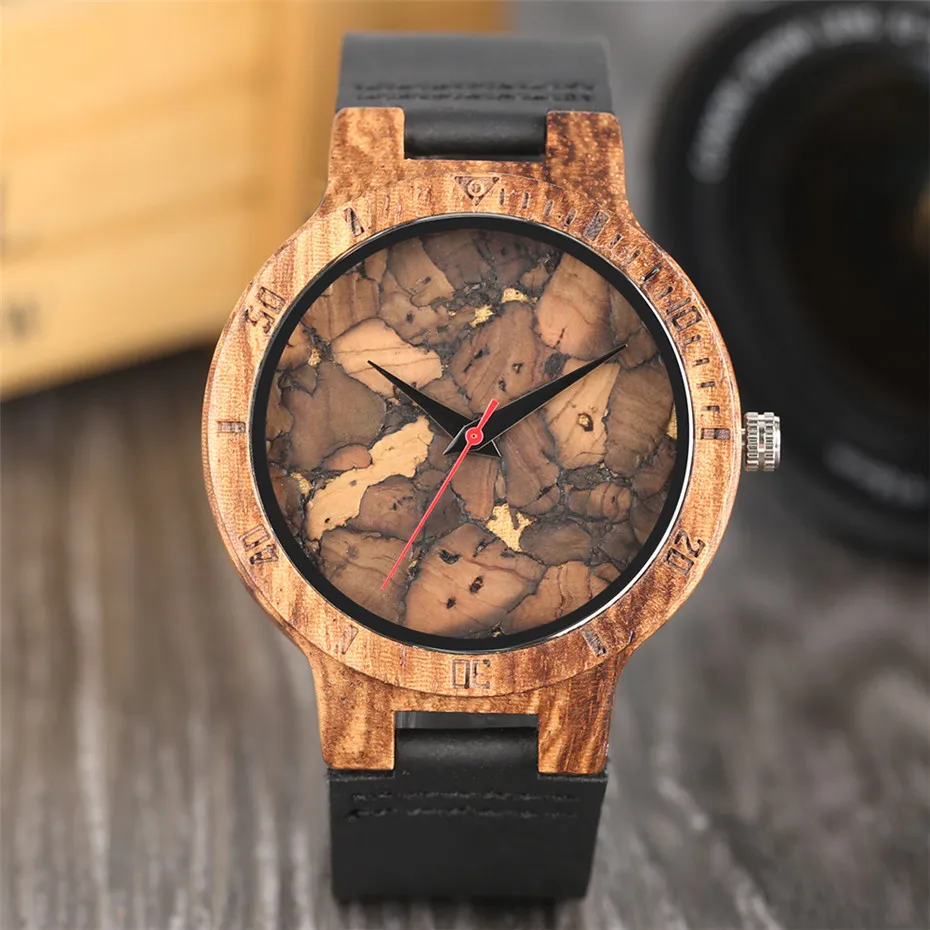 YISUYA Creative ZebraCork SlagBroken Leaves Face Nature Wood Watch Men Genuine Leather Strap Analog Women Bangle Wristwatch (30)