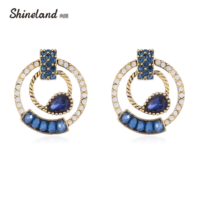

Shineland Vintage Bohemian Accessories Rhinestone Crystal Hollow Circle Stud Earrings For Women Pendientes Statement Jewelry