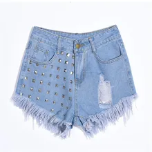 Модные джинсовые шорты с высокой талией, женские сексуальные летние уличные шорты с заклепками, женские повседневные шорты, большие размеры