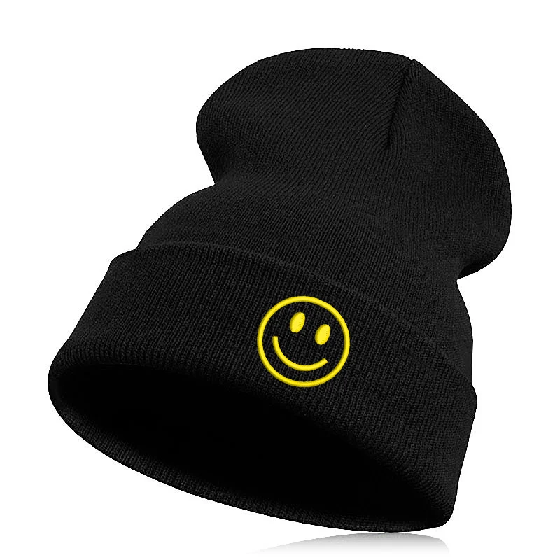 Beanie шляпа Skullie шапка, вязаная шапка-носок Зимняя Вышивка в стиле панк Для мужчин Для женщин личности подростков уличных танцев-улыбка Добрый день настроение - Цвет: black yellow