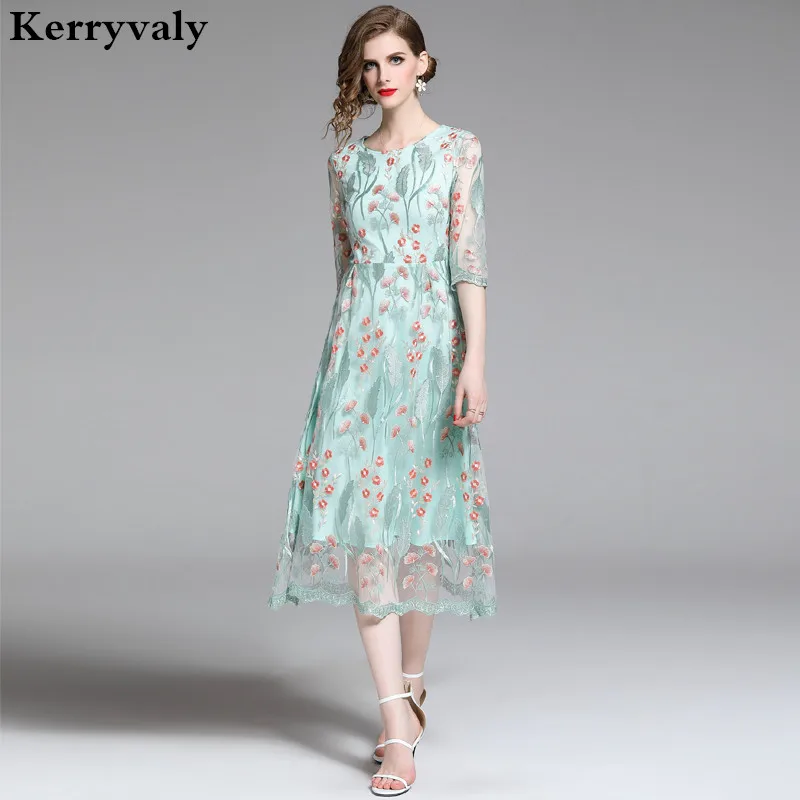 

Women Summer Mesh Embroidered Dress Vestidos Casual Mujer 2019 Gothic Light Green Midi Party Dress Strand Jurkjes K6529