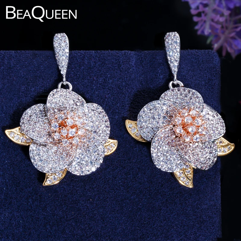 

BeaQueen Luxury 3 Tones Leaf Flower Drop Full Micro Cubic Zirconia Paved Wedding Party Earrings Fashion Jewelry for Women E268