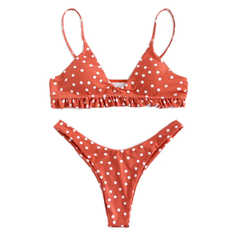 Romwe, спортивный оранжевый комплект бикини, топ с оборками в горошек с высокой талией, купальник для женщин, летний сексуальный милый пляжный купальник для отдыха