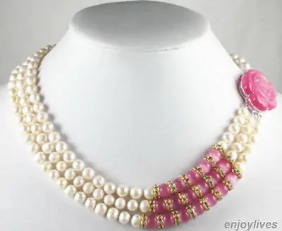 

Fast SHIPPING3 Rows Genuine White Pearl Pink Opal Rose Flower Clasp Crystal Necklace