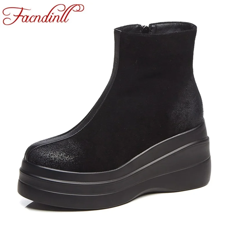

FACNDINLL women ankle boots high qulaity wedges high heels 5cm platform shoes woman autumn winter short boots black brown shoes