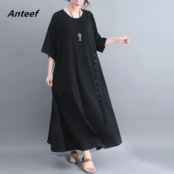 

black grey cotton vintage plus size women casual loose long summer elegant dress clothes 2020 ladies dresses sundress