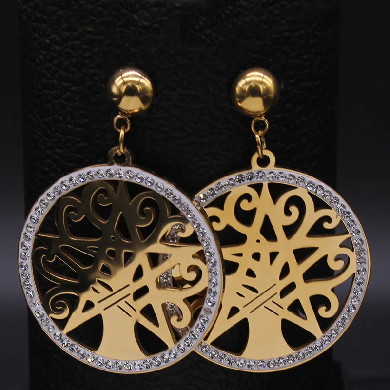

2019 Pentagram Tree of Life Crystal Stainless Steel Earrings for Women Gold Color Big Earring Jewelry aretes de mujer E612734