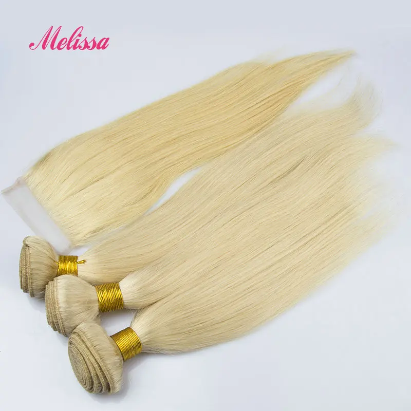 

Grade 7A 4Pcs Lot  Blonde Virgin Hair with Closure Straight ,3pcs Human Hair Bundles #613 Brazilian  Hair With Lace Closure