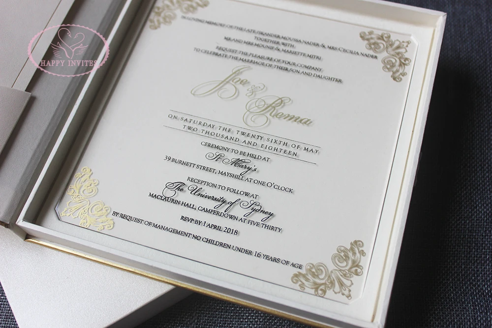HI1180-08 High Grade Ivory Hardcover Box Invites with Clear Acrylic Invitation with Gold & Black Printing Made in China