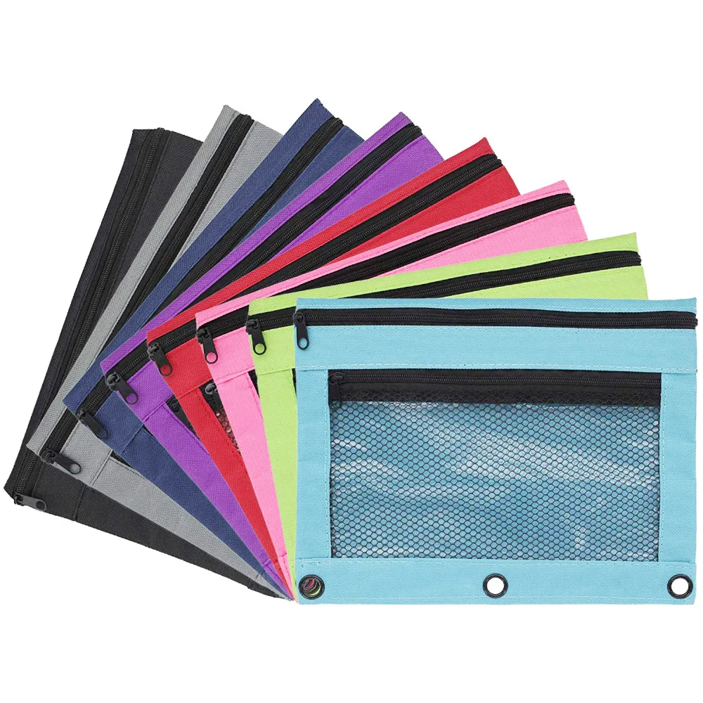 

XRHYY 1Pc Double Pocket Zipper Pencil Pouch With Grommet 2 Compartments Assorted Holes&Quick View Mesh Pocket For School Office