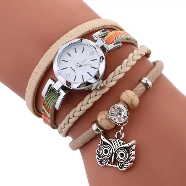 MINHIN Brand Women Casual Wristwatches Leather Braided Owl Pendant Handmade Brac MINHIN Brand Women Casual Wristwatches Leather Braided Owl Pendant Handmade Brac