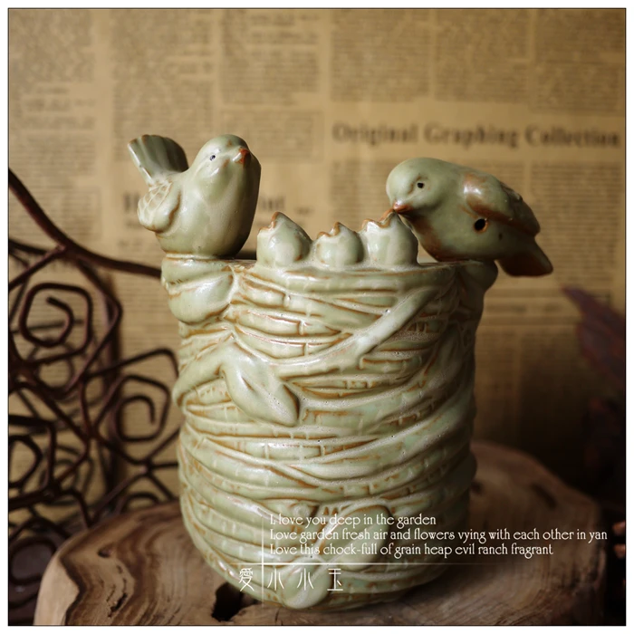 Bird's Nest Plant Flower Pot Home Decor Glazed Ceramic Home Craft