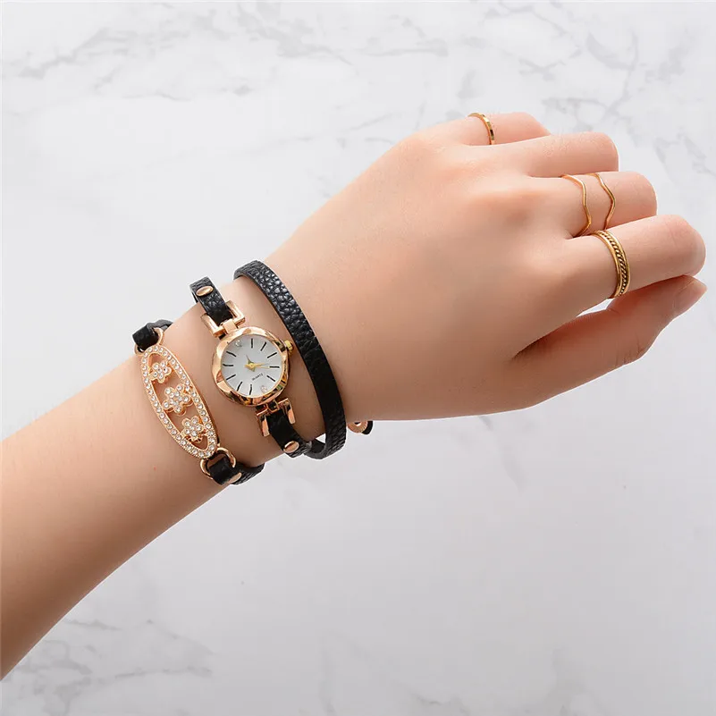High Quality women fashion casual watch dress Leather Quartz Watch Luxury Bracelet Flower Gemstone Wristwatch Gift clock M22#N (4)