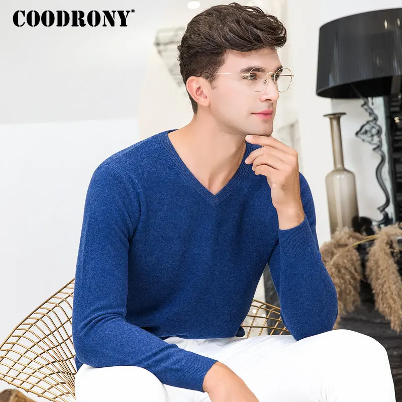 Мужской свитер COODRONY мягкий теплый кашемировый с треугольным вырезом 8344|Джемперы