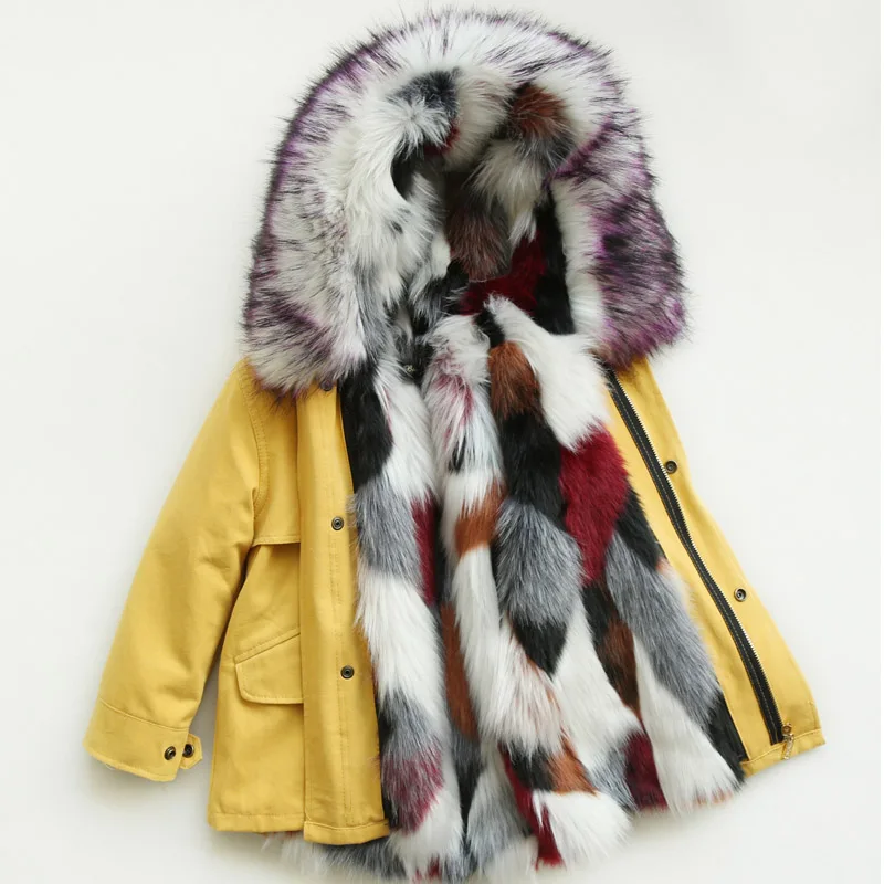 От 2 до 12 лет пальто с мехом для девочек; детские меховые куртки с капюшоном; сезон весна-осень; куртки для девочек и мальчиков; зимние парки; детский зимний комбинезон - Цвет: Yellow Mixed Big Fur